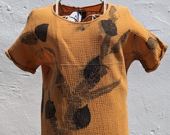 Natural ecoprint upcycled gauzy coverup One of a kind hand dyed with natural materials with realistic leaf pattern