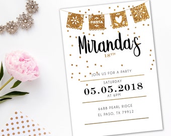 Birthday Invite, Invitation, Black and Gold, Eighteenth, Birthday Glitter, Fiesta