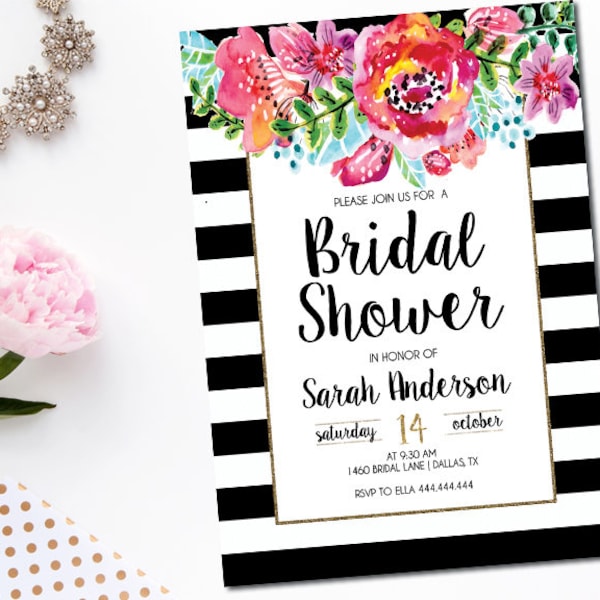 Bridal Shower Invitation, Bridal Invitation, Bridal Shower, Bridal Invites Flowers, Black White Stripe, Pink and Gold