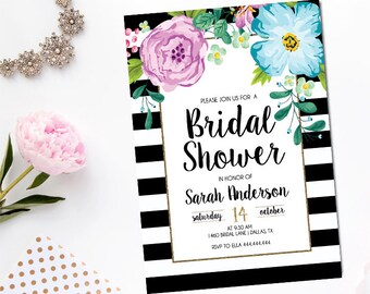 Bridal Shower Invitation, Bridal Invitation, Bridal Shower, Bridal Invites Flowers, Black White Stripe, Purple, Blue