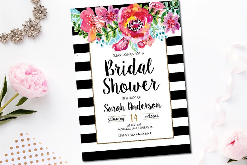 Bridal Shower Invitation, Bridal Invitation, Bridal Shower, Bridal Invites Flowers, Black White Stripe, Pink and Gold image 1