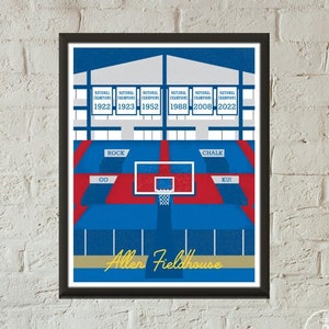 Op de afbeelding: Een illustratie van een blauw en rood basketbalveld met een basketbalring en de tekst "Allen Fieldhouse". Het veld heeft de woorden "Rock", "Go", "Chalk" en "KU!" erop. Boven het veld hangen banners met de tekst "National Champions" en de jaren "1922", "1923", "1952", "1988", "2008" en "2022".