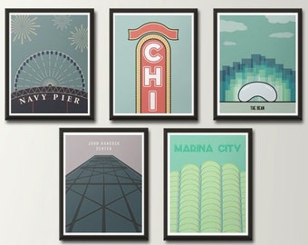 Chicago Icons Posters - Chicago Skyline - Chicago Landmarks - Chicago Theater, Navy Pier, The Bean, John Hancock Center, Marina City