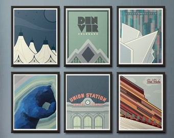 Denver Icons Posters - Denver Skyline - Colorado Decor - Union Station, Red Rocks, Big Blue Bear, Denver Airport DIA, Denver Art Museum