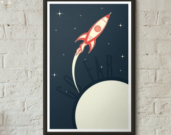 Retro Rocket Spaceship Art Print Boys Room Girls Room Decor Vintage 1950&#39;s Bold Minimal Graphic Poster