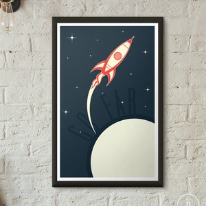 Retro Rocket Spaceship Art Print Boys Room Girls Room Decor Vintage 1950's Bold Minimal Graphic Poster