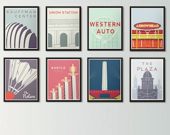 Kansas City Icons Posters - KC Skyline The Nelson, Union Station, The K, Liberty Memorial, Kauffman Center, Western Auto, Bartle Hall, Plaza