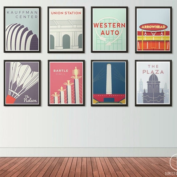 Kansas City Icons Posters - KC Skyline The Nelson, Union Station, The K, Liberty Memorial, Kauffman Center, Western Auto, Bartle Hall, Plaza