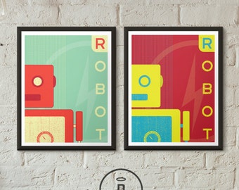 Retro Robot Art Print Boys Room Decor Vintage 1950&#39;s Bold Minimal Graphic Posters