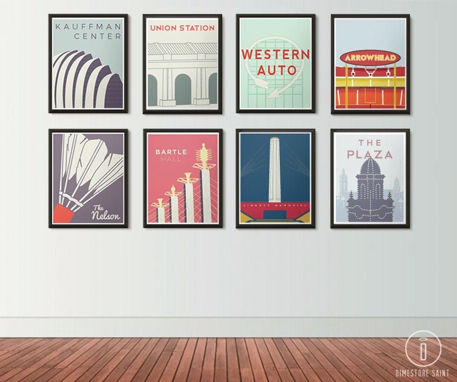 Kansas City Icons Posters - KC Skyline The Nelson, Union Station, The K, Liberty Memorial, Kauffman Center, Western Auto, Bartle Hall, Plaza