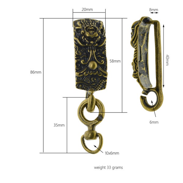 retro Japanese Dragon king of all ocean brass swivel Detachable Quick Release Belt ring clip on keyholder keychains EDC FOB Car key holder