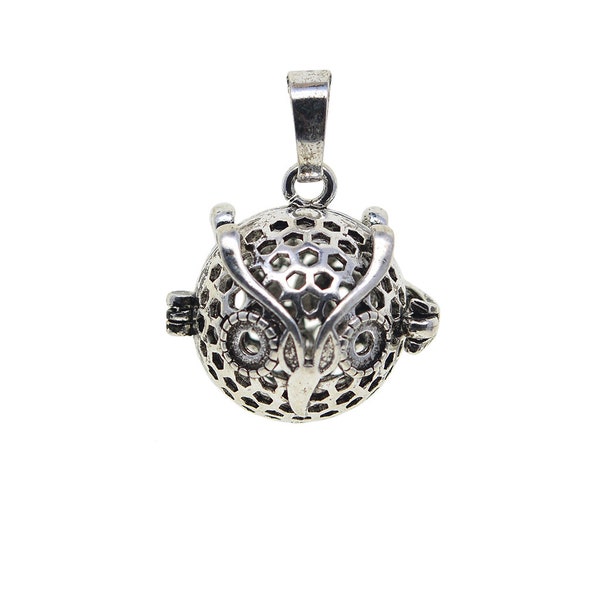 2pcs Tibetan Silver Filigree  Fine brass locket cage 3D Owl bird pearl rhinestone display DIY Necklace Pendant home art decoration