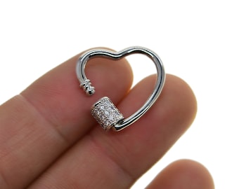 MINI love heart shape CZ Micro Pave Zircon Rhinestone  Brass Carabiner Screw lock Clasp Hook closure  Jewelry DIY Making Platinum filled