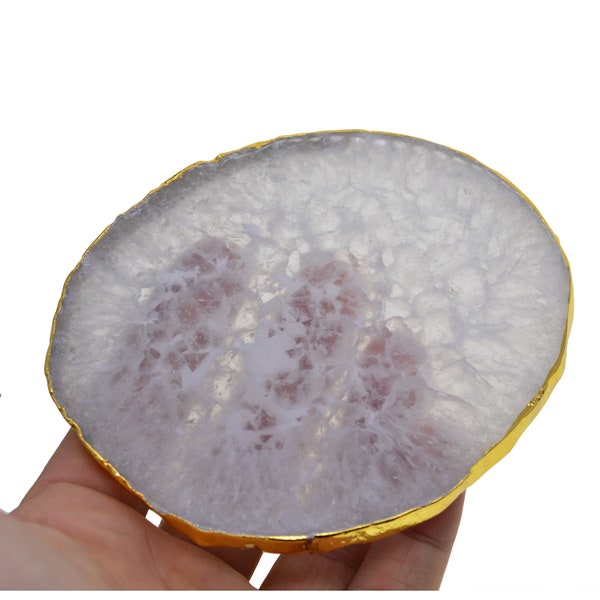 EXTRA large UNIQUE Clear white quartz  4 inch Geode brazilian agate slice almost Round with gold trim edge wedding Coaster