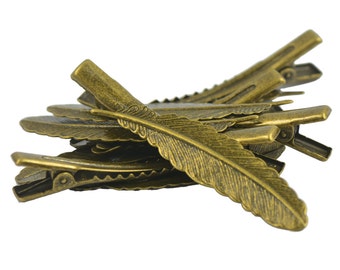 French Alligator with Filigree Leaf Feather statement Vintage Antique Bronze Hair Clips Head wear