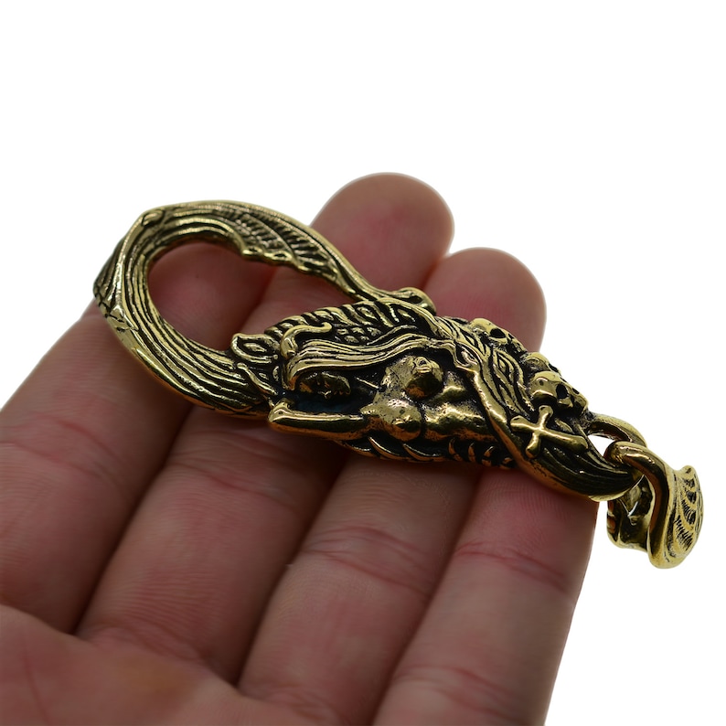 handmade Super fine retro brass mermaid belt hook clasp with skull and cross decoration leather craft keychains keyring FOB DIY image 8