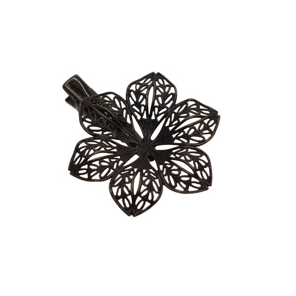 French Alligator with Large Filigree blank Leaf Flower base statement Vintage  Bronze Hair Clips Head wear