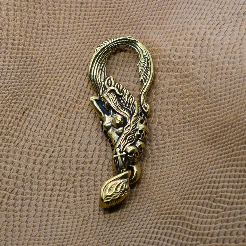 handmade Super fine retro brass mermaid belt hook clasp with skull and cross decoration leather craft keychains keyring FOB DIY image 1