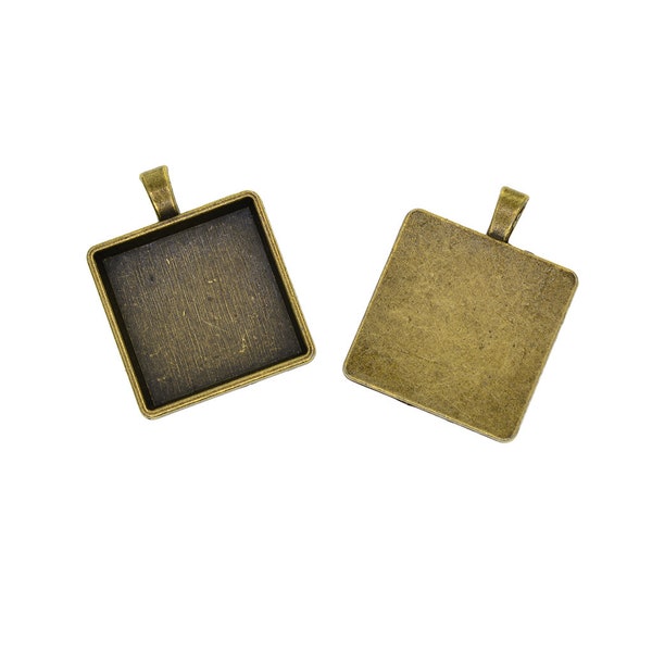 vintage bronze Blank 25mm 1 inch Square Bezel Tray Base Cabochon Necklace Pendant  statement photo frame  Jewelry DIY Making Supplies