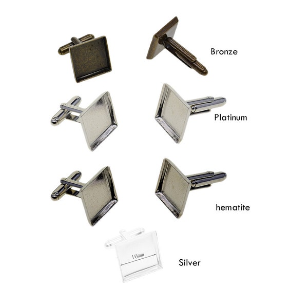 16mm Square  blank Cabochons bezel UV Glue DIY cufflink cuff links bronze cufflinks silver platinum Hematite  cufflinks