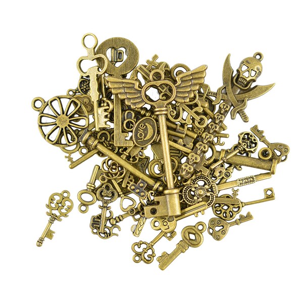 50pcs Assorted Vintage  bronze Filigree skeleton Key Charms Pendants mix For Jewelry DIY Expandable charms bracelet bangle Making