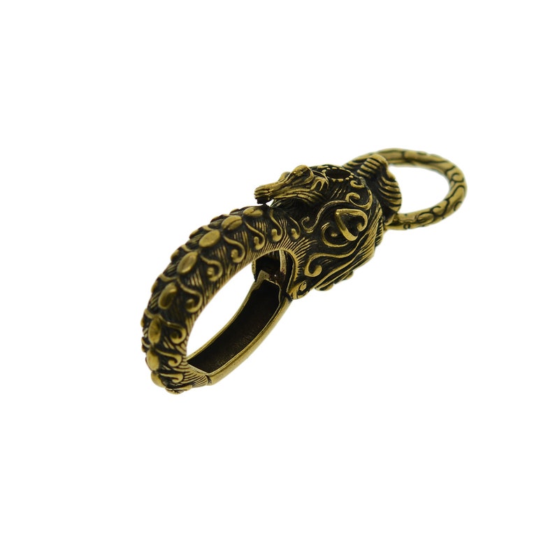 solid brass Handmade spring snap oval antique brass Japanese red eye Dragon Unicorn hook FOB keychain jean chain lanyard DIY image 3