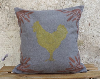 Handprinted cushion cover "Chicken" in grey