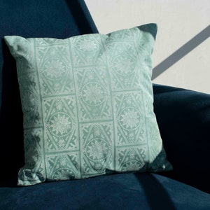 Handprinted cushion cover Cement Tiles in green image 1