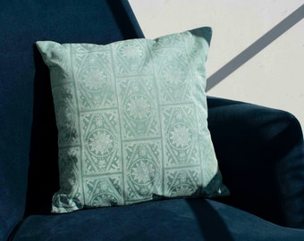 Handprinted cushion cover "Cement Tiles" in green