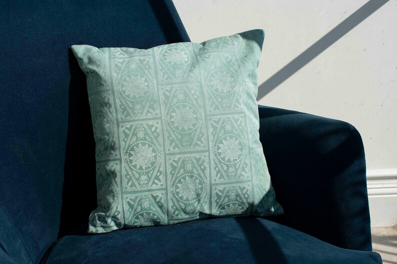 Handprinted cushion cover Cement Tiles in green image 1