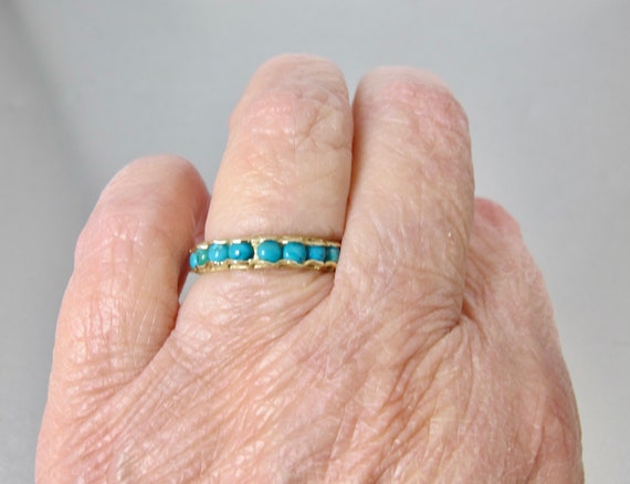 14K Turquoise Eternity Band Ring. Yellow Gold Nat… - image 2