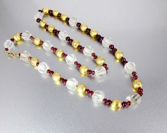 Rock Crystal Garnet Gold Bead Necklace. 14K Yellow Gold Bead Fluted Clear Quartz Rock Crystal Garnet Necklace