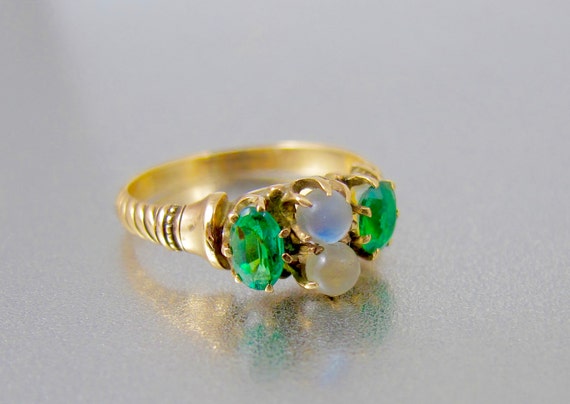 10K Moonstone Emerald Ring. Victorian Double Moons