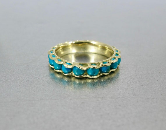14K Turquoise Eternity Band Ring. Yellow Gold Nat… - image 5