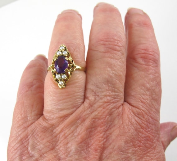 10K Amethyst Pearl Ring. Antique Yellow Gold Oval… - image 1