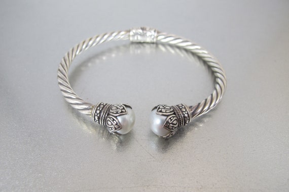 Sterling Cable Pearl Bracelet. Sterling Silver Hinged Cable