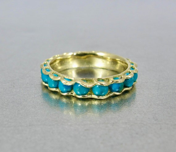 14K Turquoise Eternity Band Ring. Yellow Gold Nat… - image 1