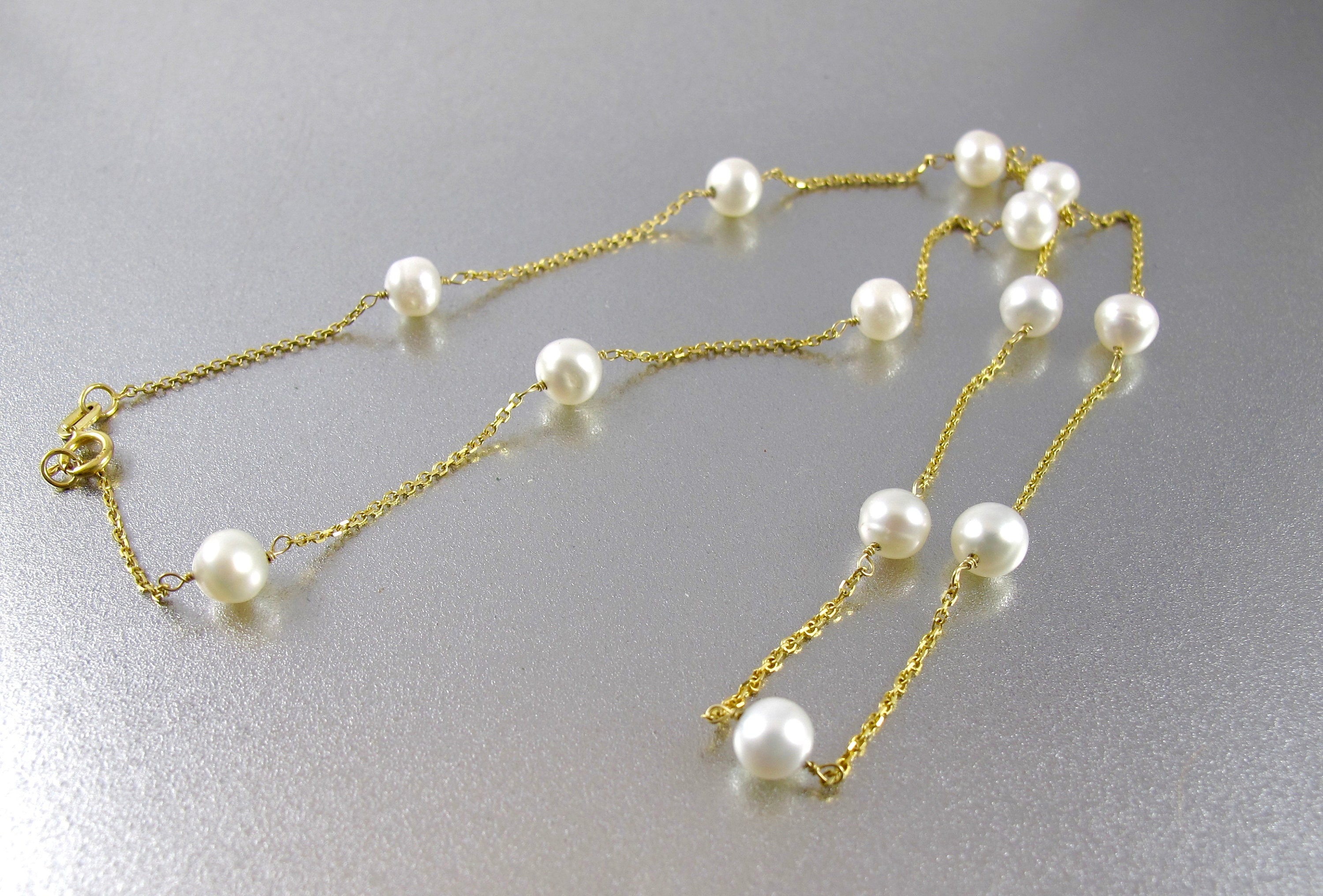 Vintage Tin Cup Pearl Necklace. 14K Cultured Pearl Station Etsy