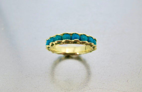 14K Turquoise Eternity Band Ring. Yellow Gold Nat… - image 4