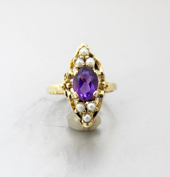 10K Amethyst Pearl Ring. Antique Yellow Gold Oval… - image 2