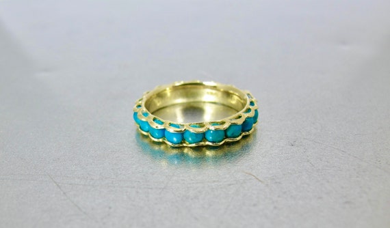 14K Turquoise Eternity Band Ring. Yellow Gold Nat… - image 10