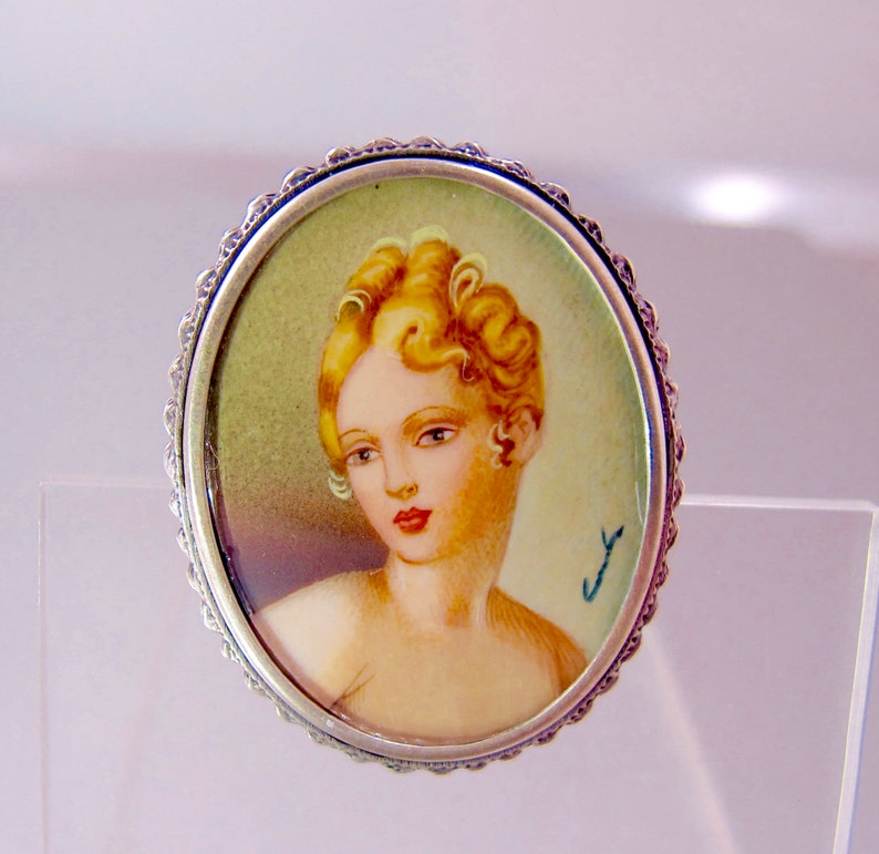 Antique Miniature Portrait Pendant Antique Oval 800 Silver Hand Painted Signed Portrait Brooch Pendant..