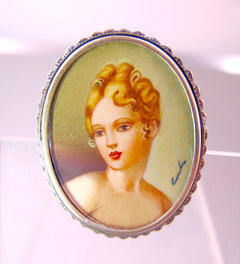 Antique Miniature Portrait Pendant Antique Oval 800 Silver Hand Painted Signed Portrait Brooch Pendant..