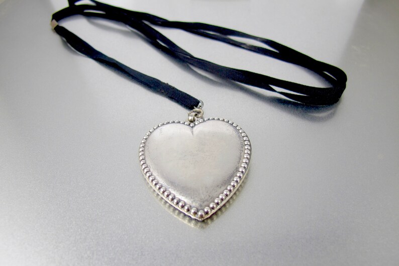 Victorian Sterling Heart Necklace Antique Black Ribbon Slide Sterling Beaded Heart Mourning Necklace.