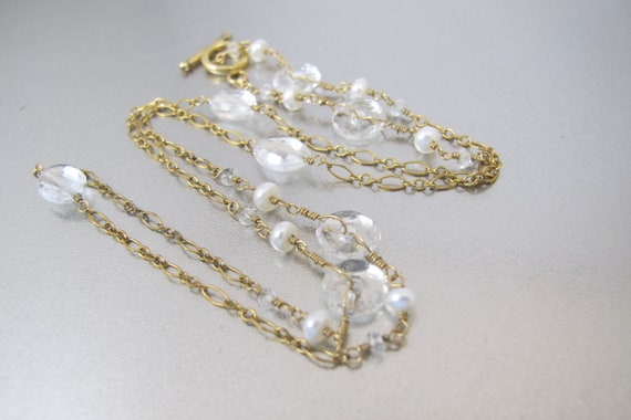 Rock Crystal Pearl Station Necklace. Vintage 14K Gold Filled - Etsy