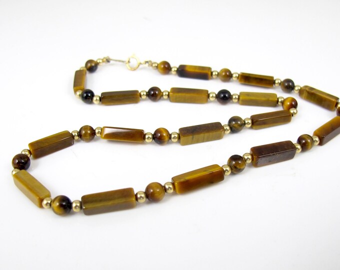 Tiger Eye Bead Necklace. Vintage 14K Yellow Gold Fill Brown Etsy