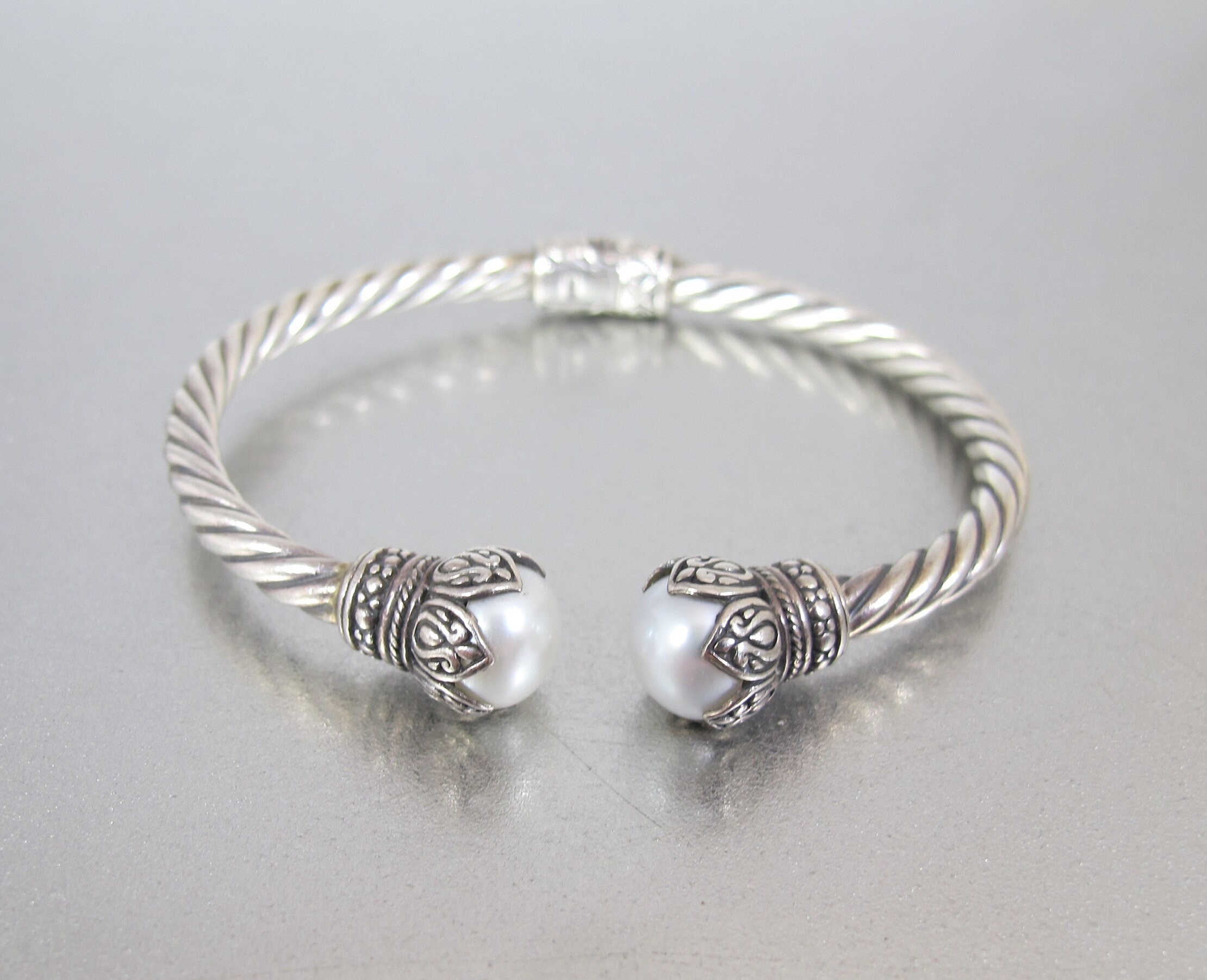 Sterling Cable Pearl Bracelet. Sterling Silver Hinged Cable