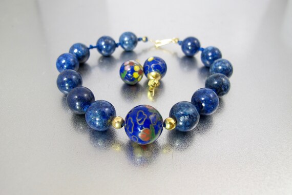 14K Cloisonne Bead Bracelet Set. Vintage Denim Blu