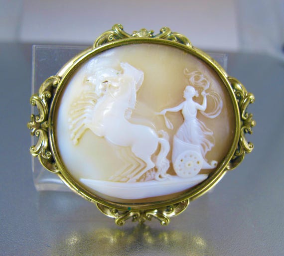 Victorian Goddess Aurora Brooch. Antique Gold Filled Carved Shell Horse Chariot Cameo.