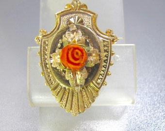 Victorian 9K Rose Gold Coral Brooch: Antique Carved Flower Shield